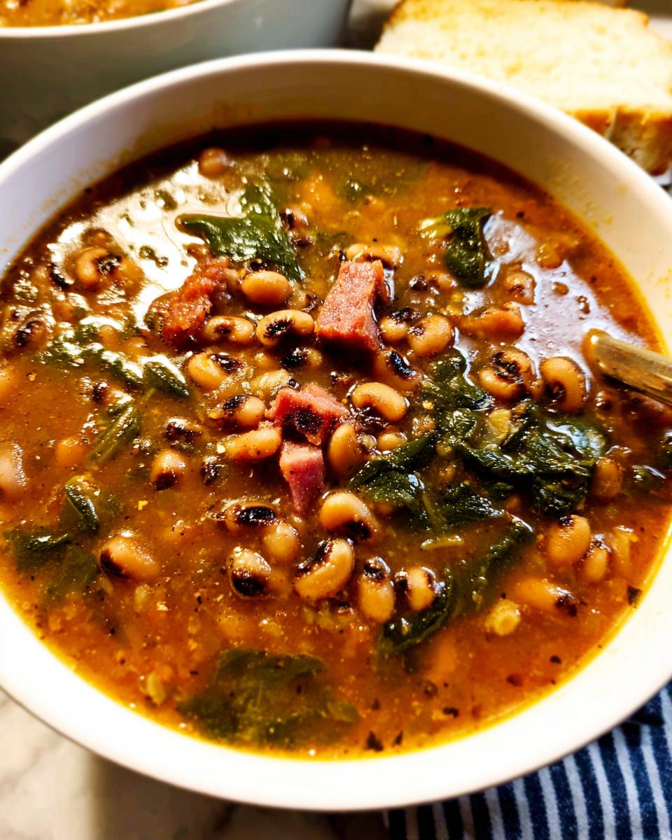 A close-up of a bowl of hearty black eyed pea soup with greens and ham, part of The Ultimate Soup Recipes Guide for Beginners.