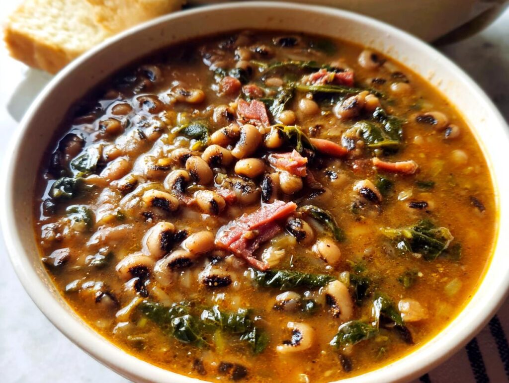 A close-up bowl of hearty black-eyed pea soup with ham and greens, part of The Ultimate Soup Recipes Guide for Beginners.