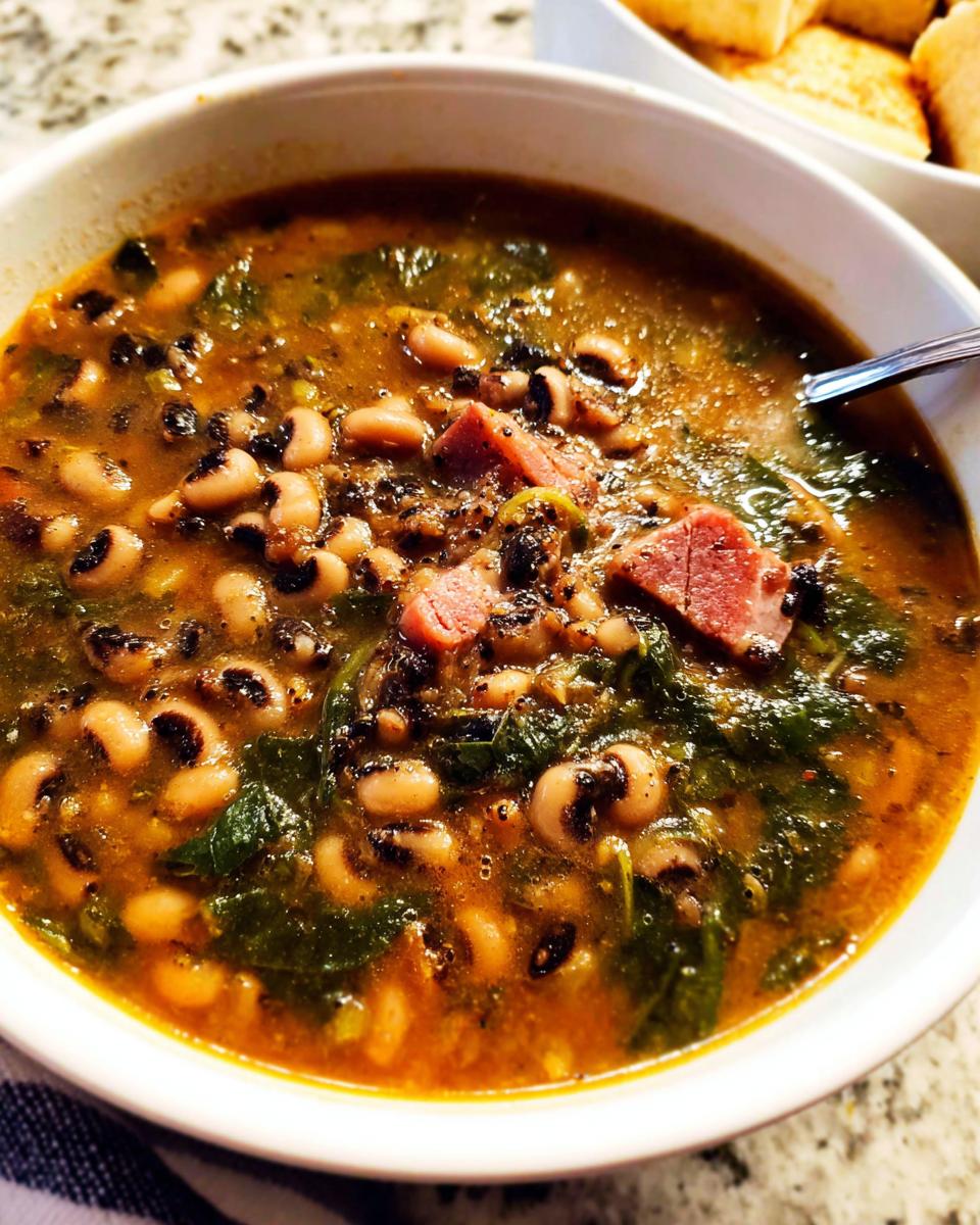 A close-up of a bowl of hearty black eyed pea soup with ham and greens, part of The Ultimate Soup Recipes Guide for Beginners.