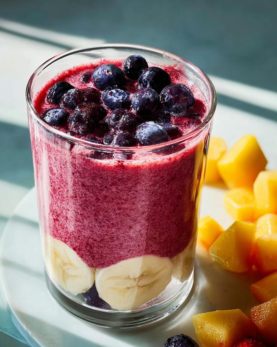 A vibrant blueberry banana smoothie in a glass, topped with fresh blueberries, with diced mango on the side. A perfect breakfast idea.