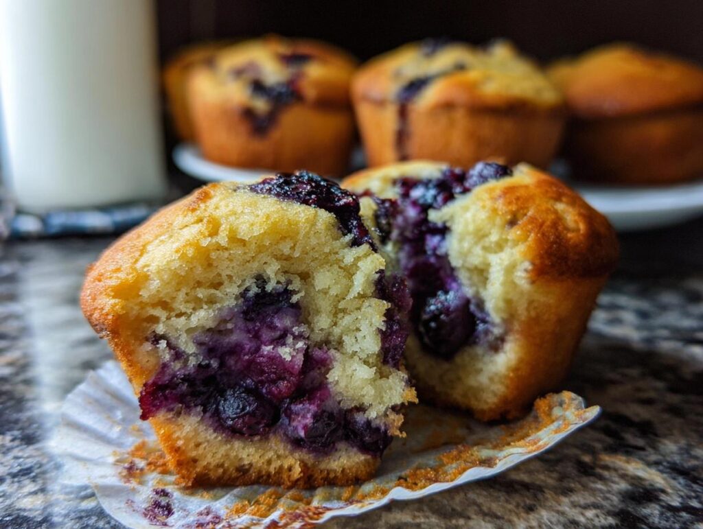 A close-up of a blueberry muffin, split in half, revealing a moist interior packed with blueberries. Part of our Cake Ideas Recipes Meal Prep.