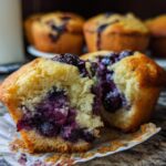 A close-up of a blueberry muffin, split in half, revealing a moist interior packed with blueberries. Part of our Cake Ideas Recipes Meal Prep.