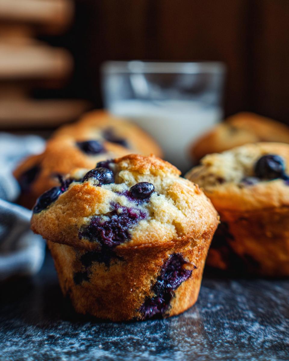 Close-up of a golden-brown blueberry muffin, showcasing plump blueberries and a crumbly top, perfect for cake ideas recipes meal prep.