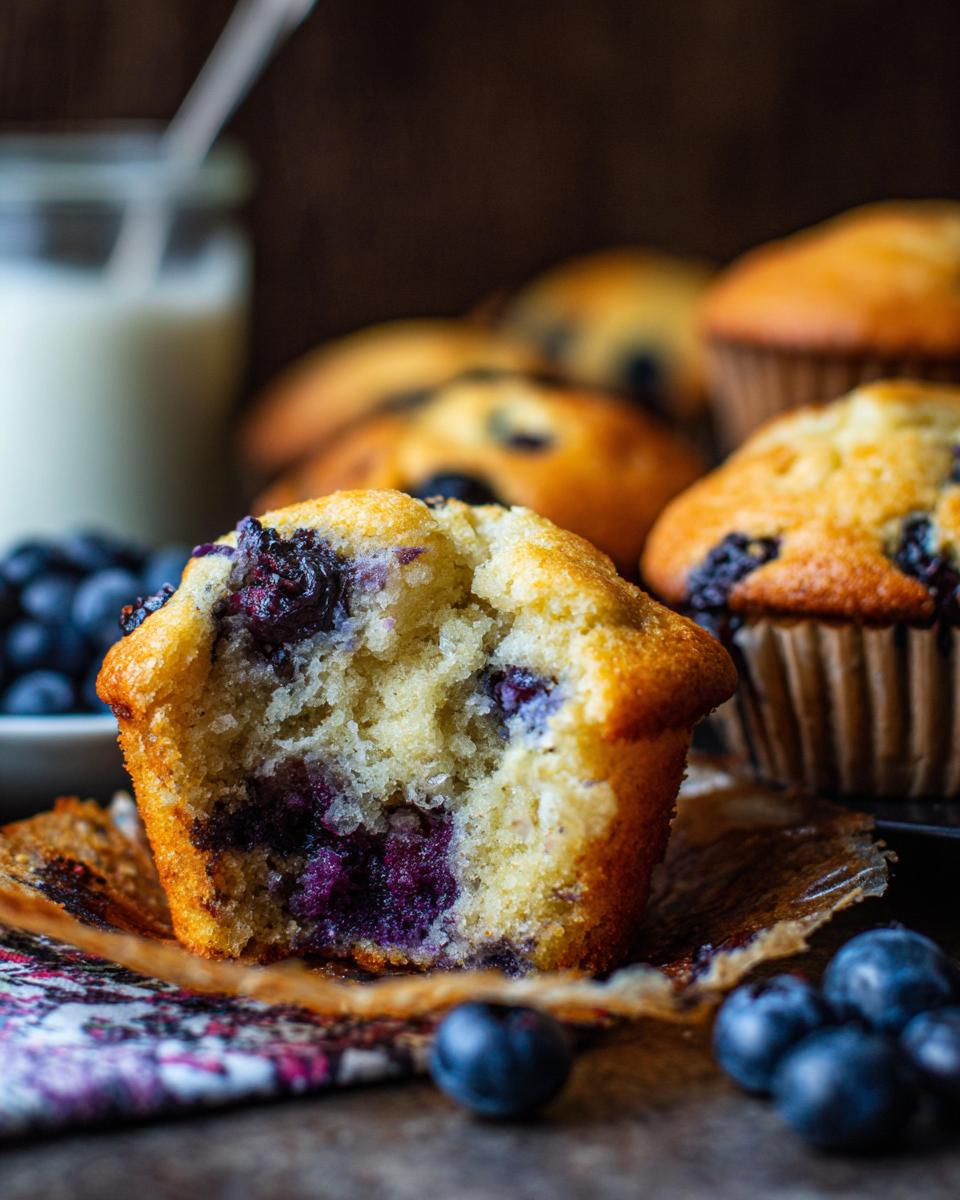 Close-up of a blueberry muffin, broken in half, revealing moist crumb and bursting blueberries. Part of our cake ideas recipes meal prep.