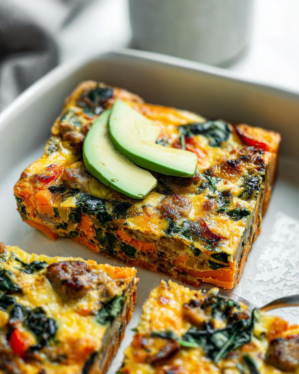 A slice of hearty breakfast casserole with sausage, spinach, and sweet potato, topped with avocado slices.