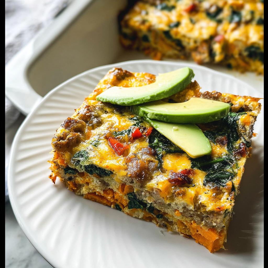 A slice of hearty breakfast casserole with spinach, sweet potato, and sausage, topped with avocado slices.
