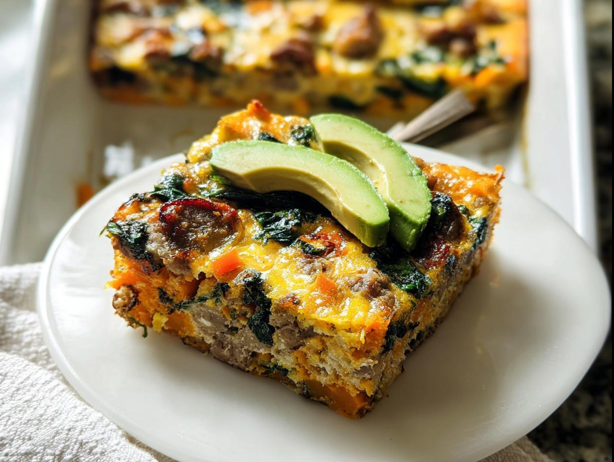 A slice of breakfast casserole with sausage, spinach, and sweet potato, topped with avocado slices. A great breakfast idea recipe for meal prep.