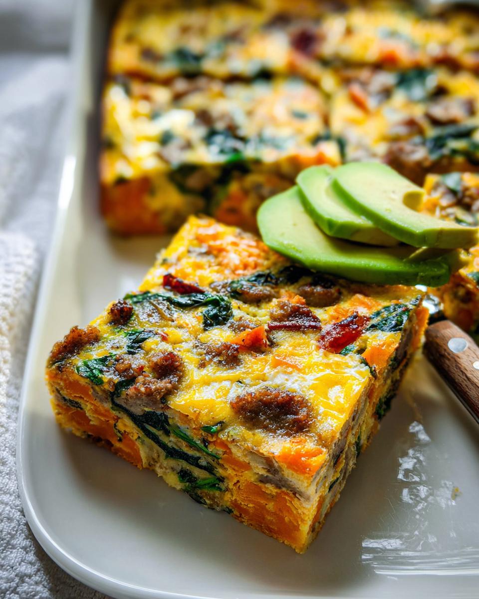 A slice of hearty breakfast casserole with sweet potato, spinach, sausage, and avocado, perfect for meal prep.