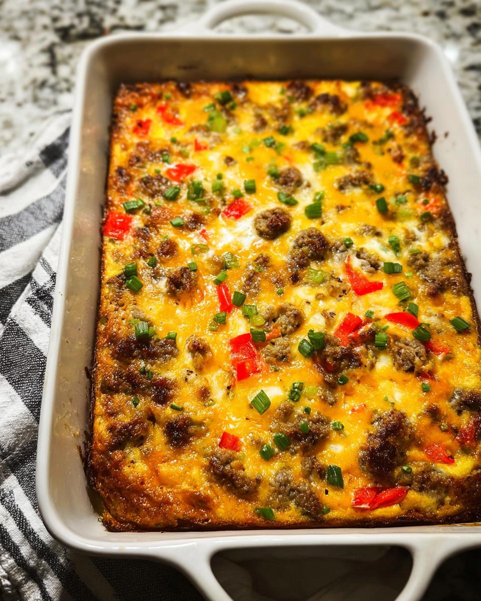 A freshly baked breakfast casserole with sausage, peppers, and cheese, perfect for meal prep.