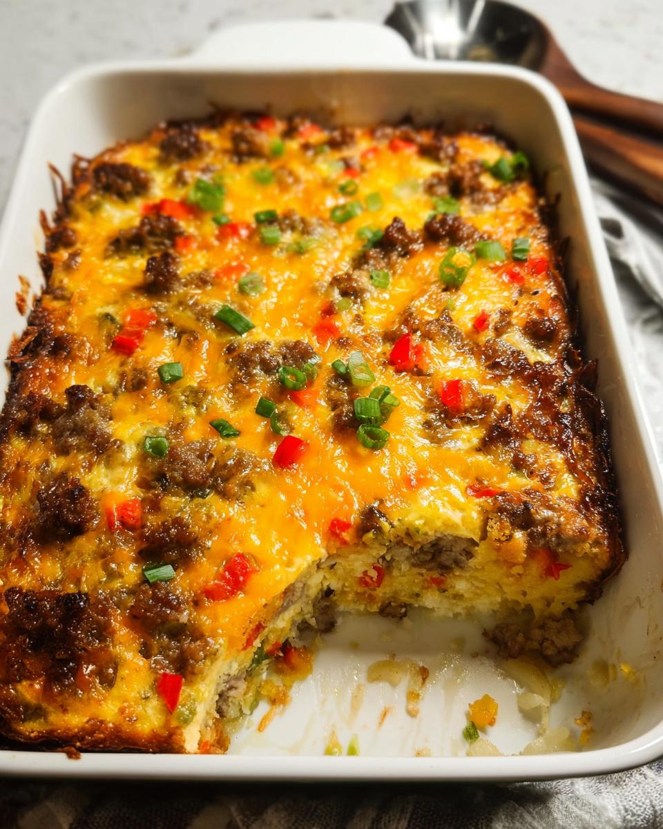 A golden-brown breakfast casserole with sausage, cheese, peppers, and green onions, perfect for breakfast ideas recipes meal prep.