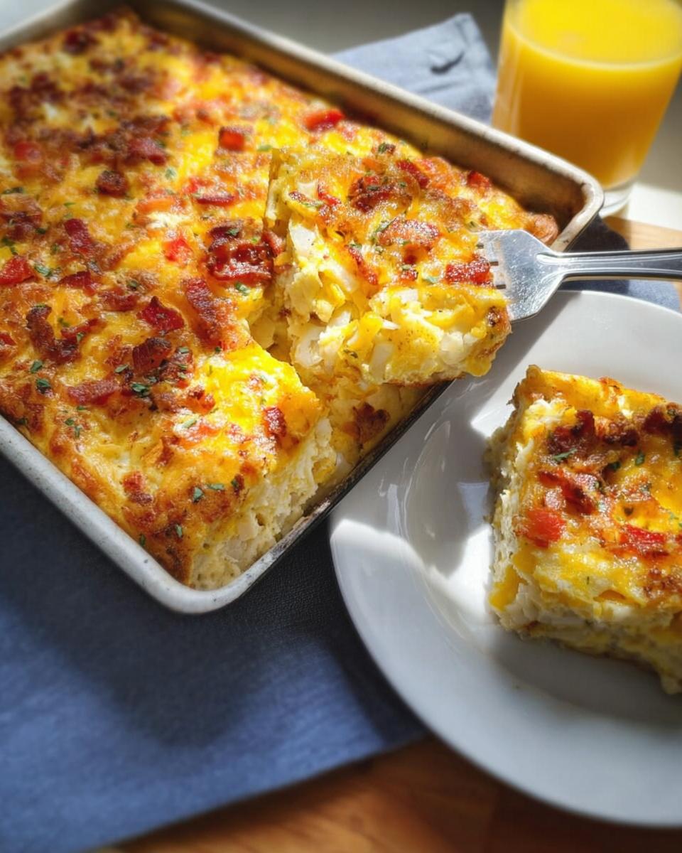A slice of hearty breakfast casserole with bacon, cheese, and vegetables, served on a plate.