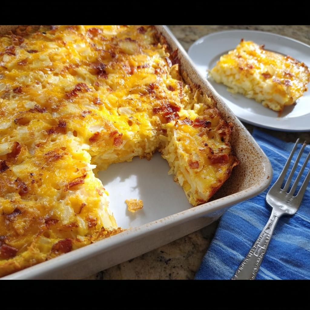 A delicious breakfast casserole recipe with bacon and melted cheese, served in a baking dish with a slice on a plate.