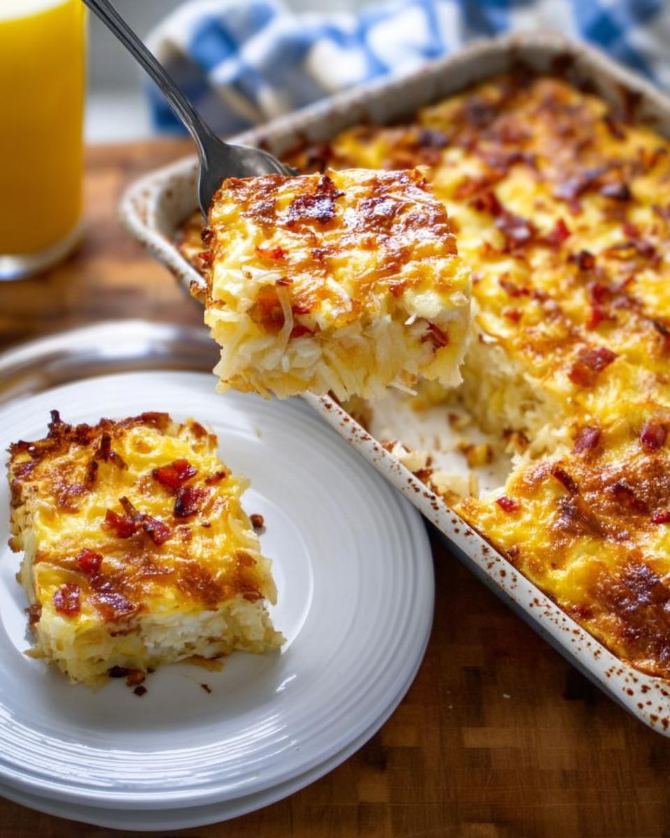 A slice of breakfast casserole with hash browns, eggs, cheese, and bacon, served on a plate.