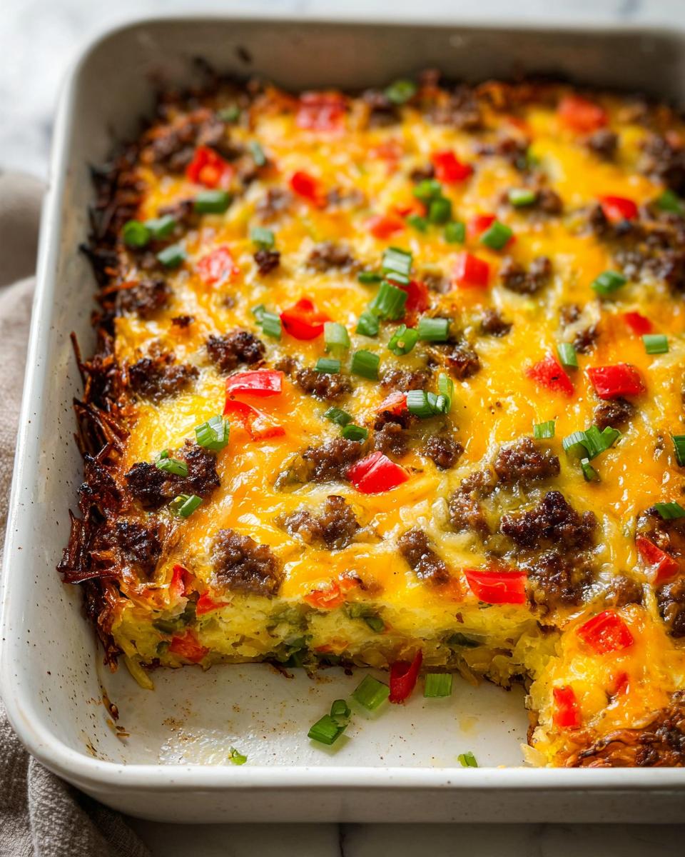 A hearty sausage and egg breakfast casserole with hash brown crust, topped with melted cheese, red peppers, and green onions.