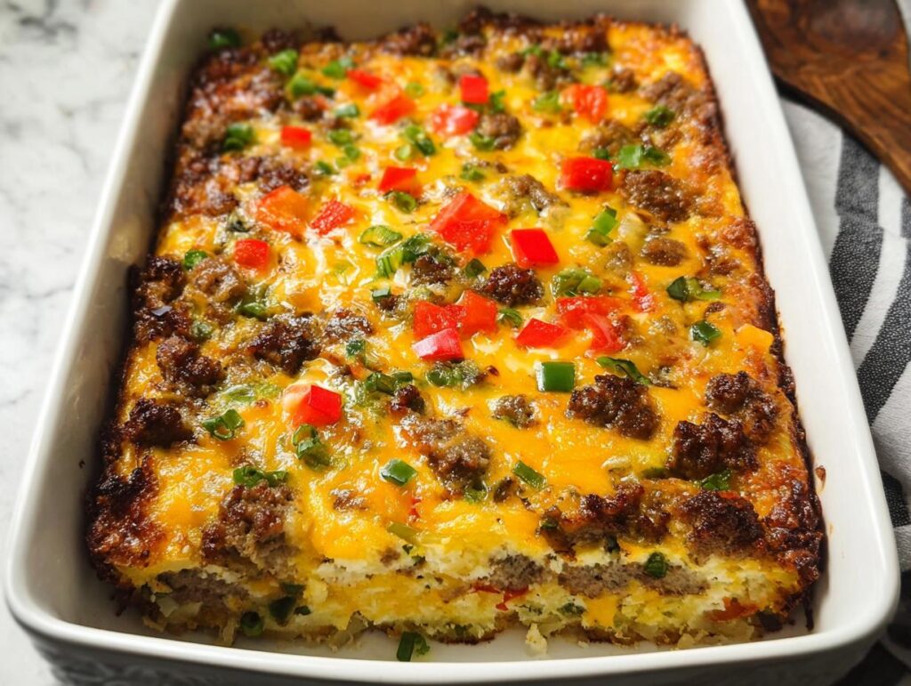 A hearty breakfast casserole with sausage, eggs, cheese, and peppers, perfect for meal prep breakfast ideas recipes.