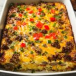 A hearty breakfast casserole with sausage, eggs, cheese, and peppers, perfect for meal prep breakfast ideas recipes.