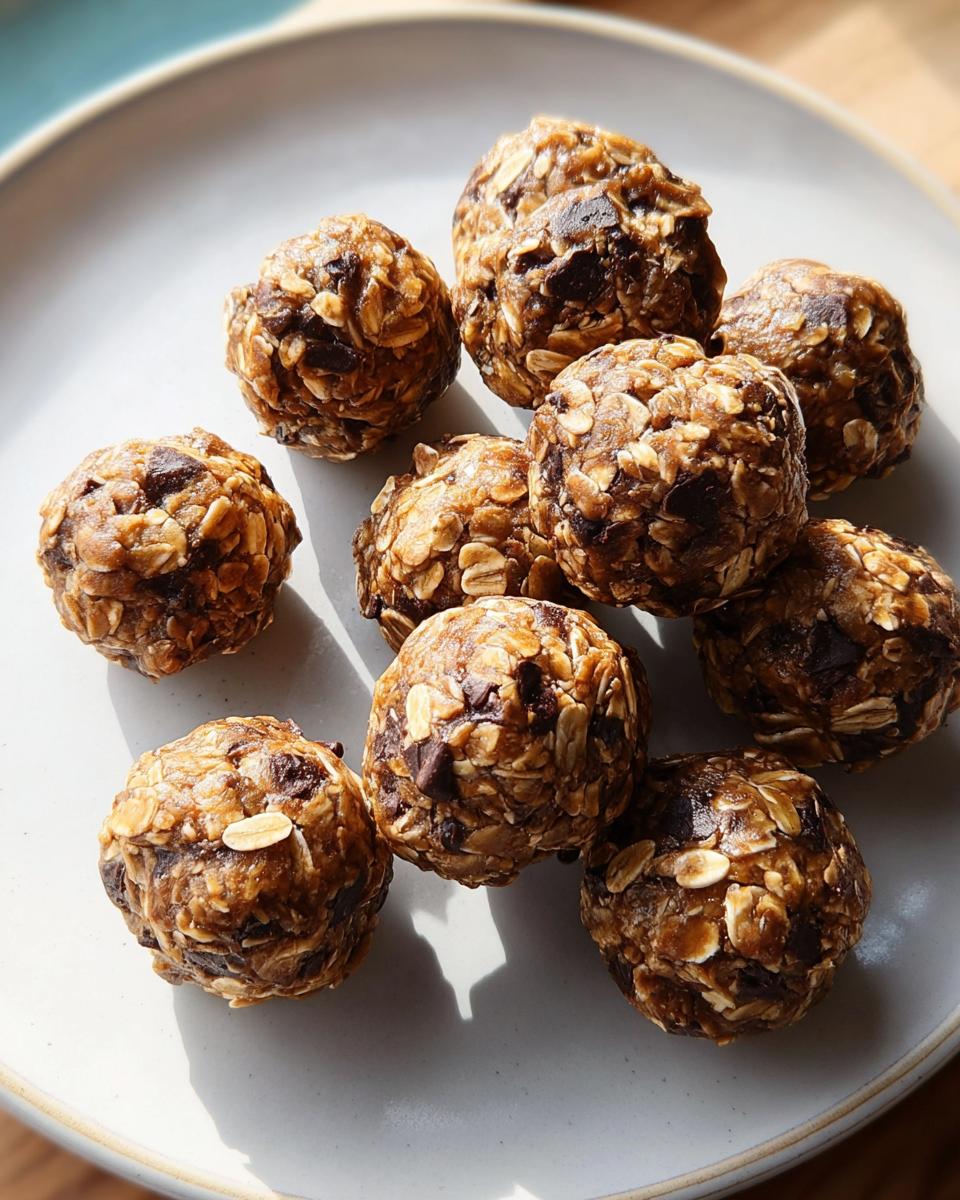 A pile of chocolate chip energy bites, a simple breakfast idea recipe, on a white plate.