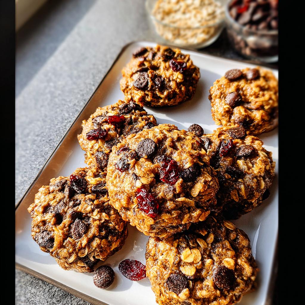 Oatmeal cookies with chocolate chips and dried cranberries, perfect for quick breakfast ideas recipes.