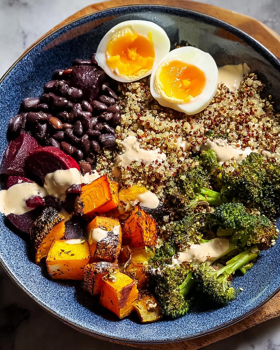 A vibrant breakfast bowl featuring eggs, quinoa, black beans, roasted pumpkin, broccoli, and beets, drizzled with sauce.