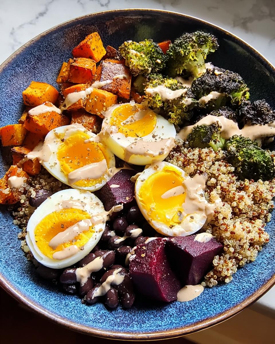 A vibrant bowl featuring breakfast ideas recipes: roasted sweet potatoes, broccoli, quinoa, black beans, and halved hard-boiled eggs drizzled with sauce.