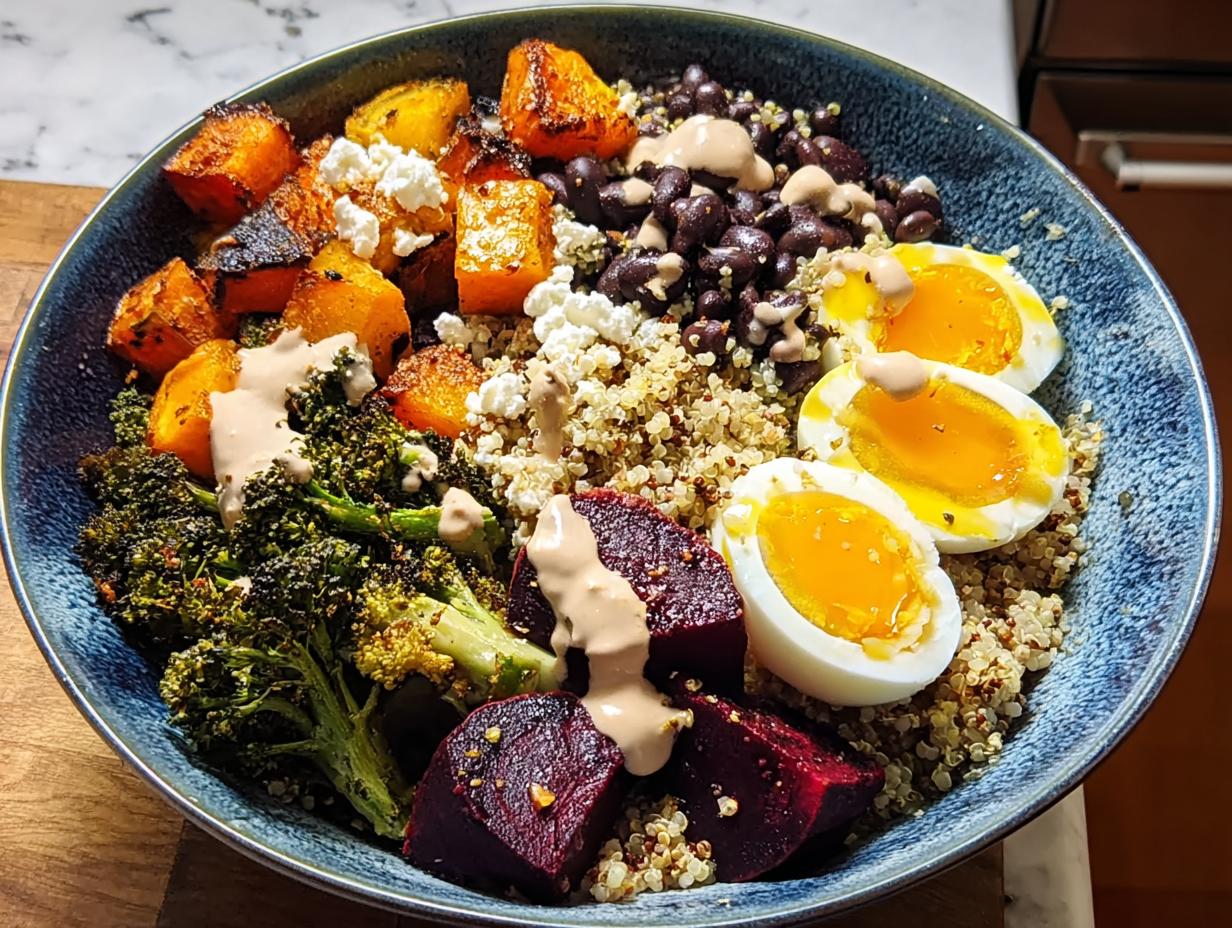A vibrant breakfast bowl filled with quinoa, black beans, roasted butternut squash, broccoli, beets, and soft-boiled eggs.
