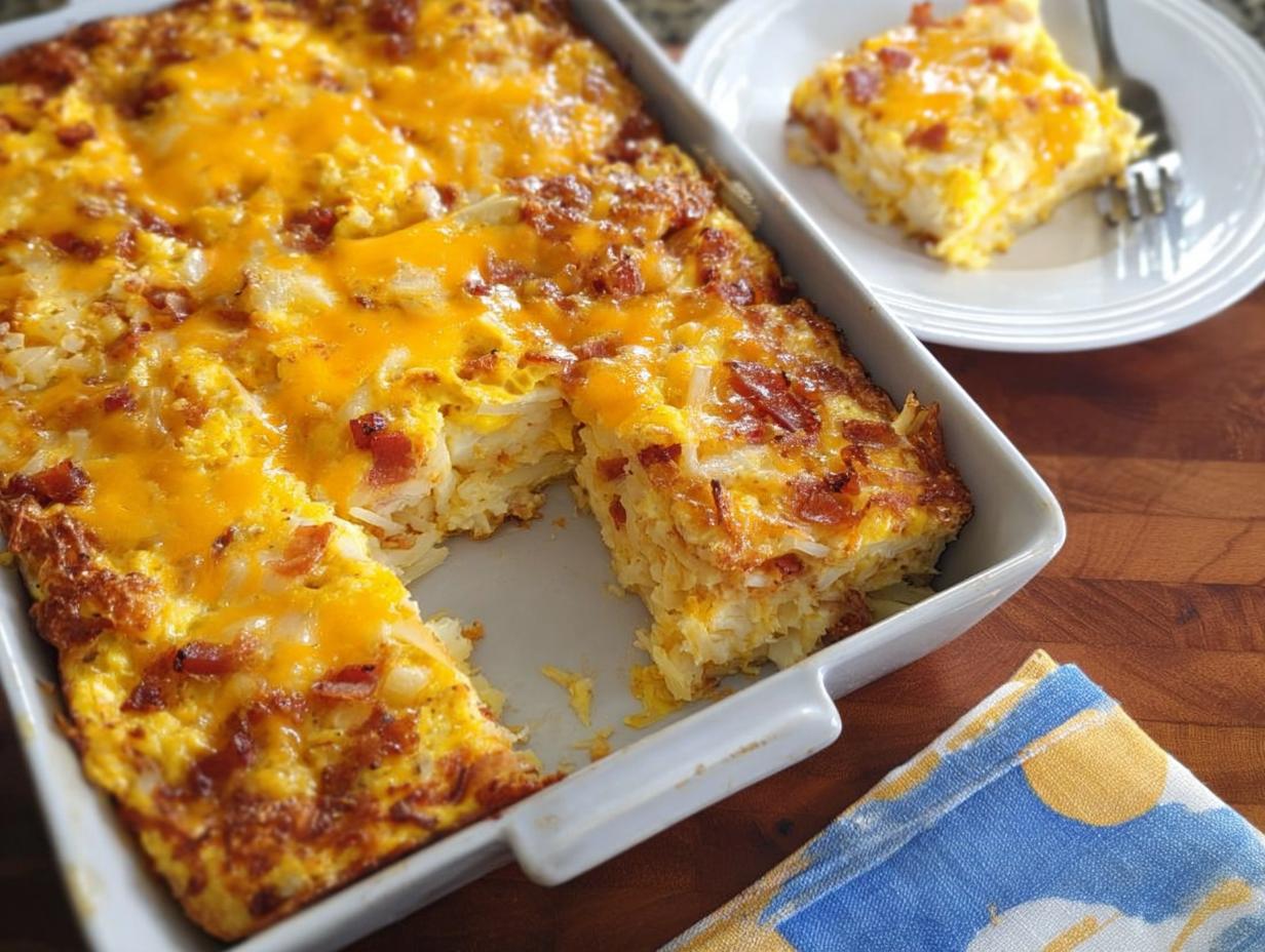 A delicious breakfast casserole with hash browns, eggs, bacon, and melted cheese, featured in The Only Breakfast Ideas Recipes Recipe.