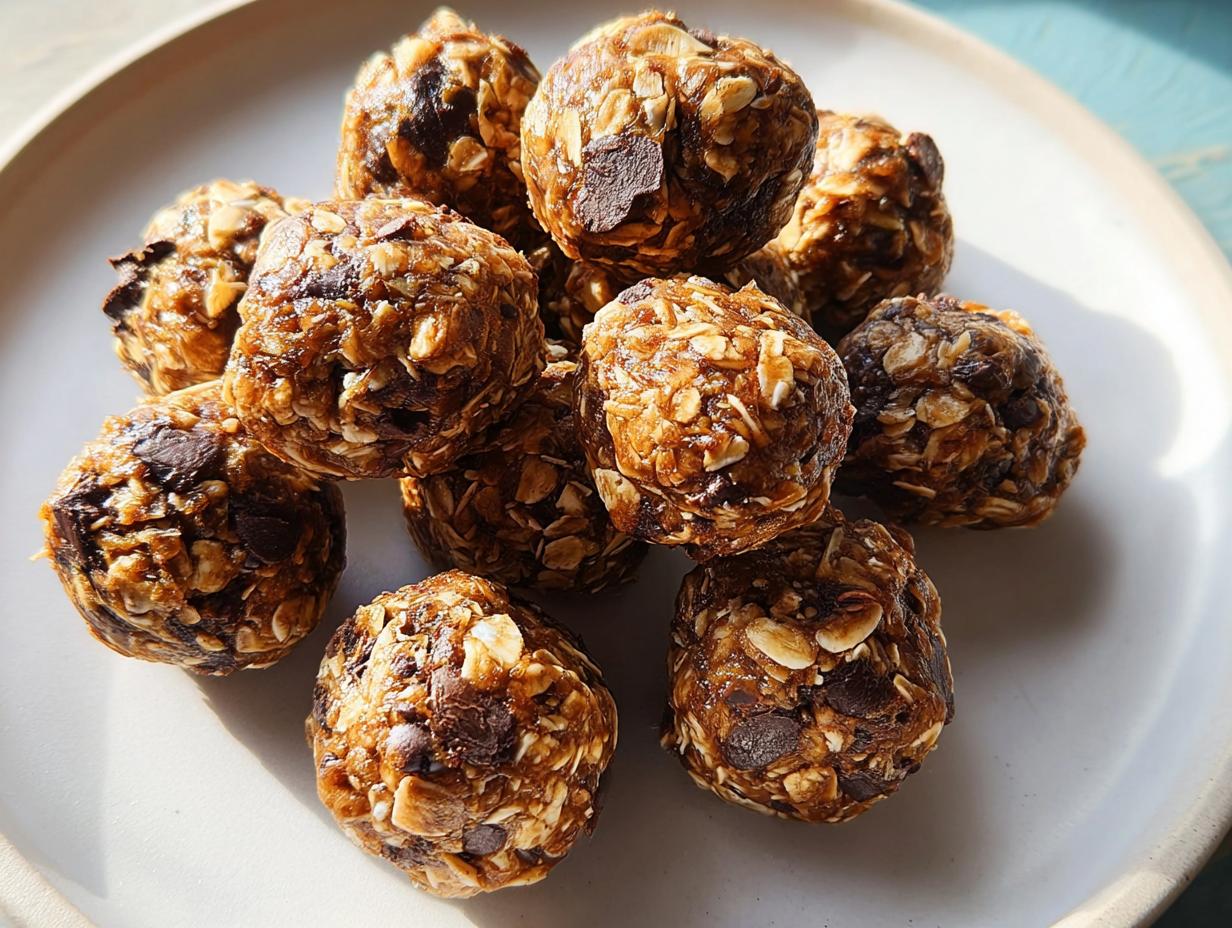 A pile of no-bake energy balls made with oats and chocolate chips, perfect for breakfast ideas recipes.