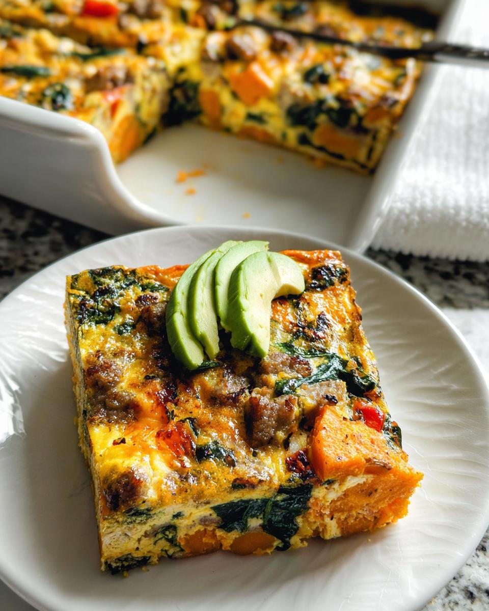 A slice of breakfast casserole with sweet potato, spinach, sausage, and avocado, perfect for meal prep.