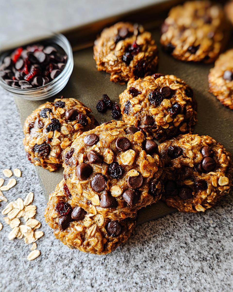 Close-up of freshly baked oatmeal chocolate chip cookies, perfect for quick breakfast ideas recipes.