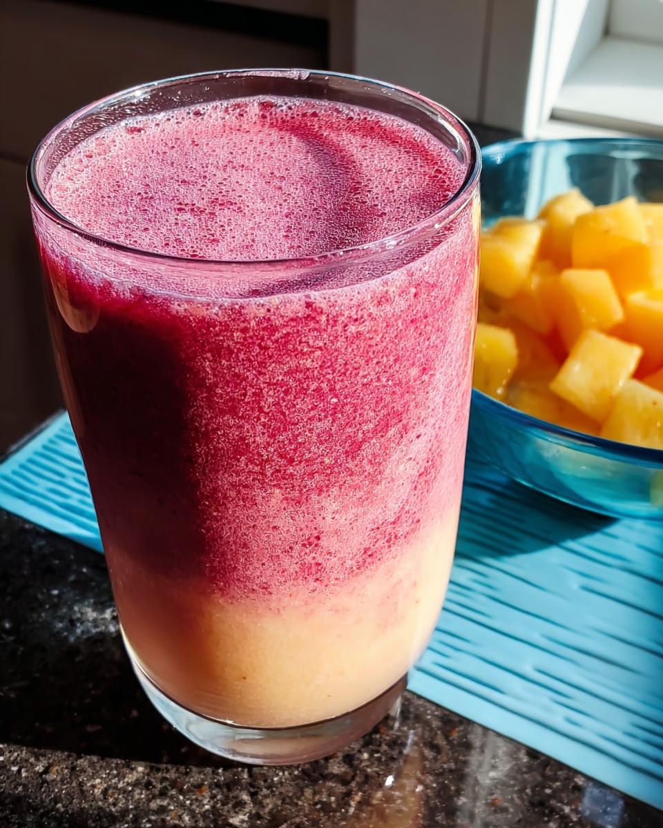 A vibrant, layered smoothie in a glass, next to a bowl of diced pineapple. A perfect example of easy breakfast ideas recipes.