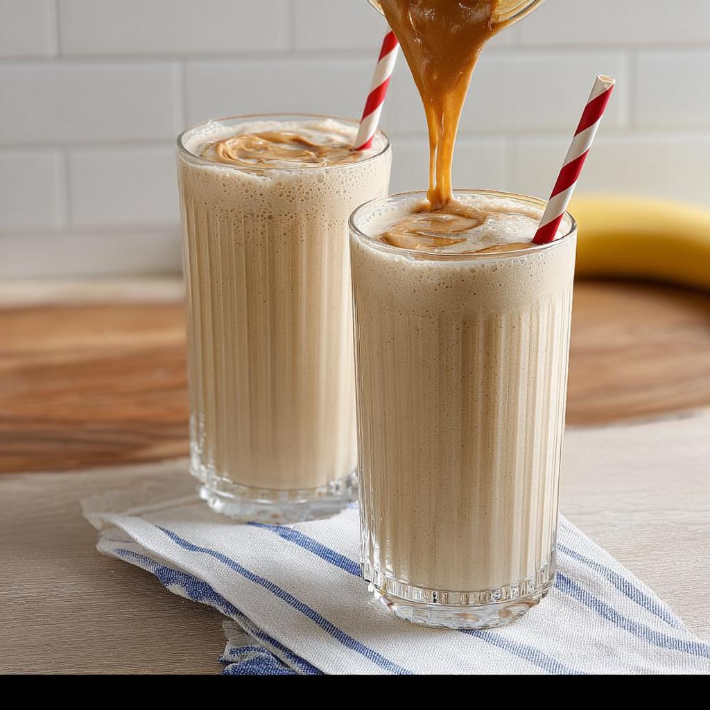 Two tall glasses filled with creamy peanut butter banana breakfast smoothies, with peanut butter being drizzled on top. Part of The Ultimate Breakfast Ideas Recipes Guide for Beginners.