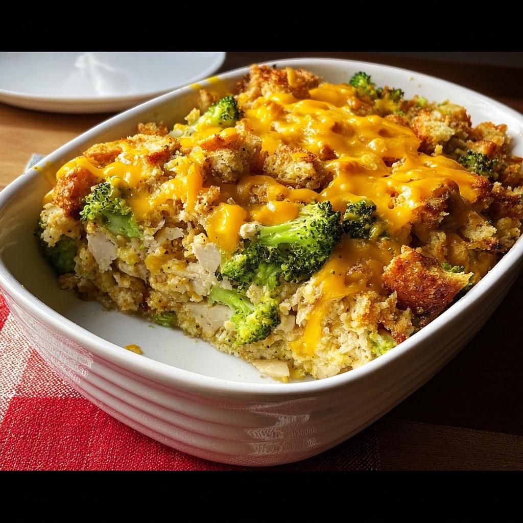 A delicious broccoli chicken casserole with melted cheddar cheese and croutons, ready to be served.