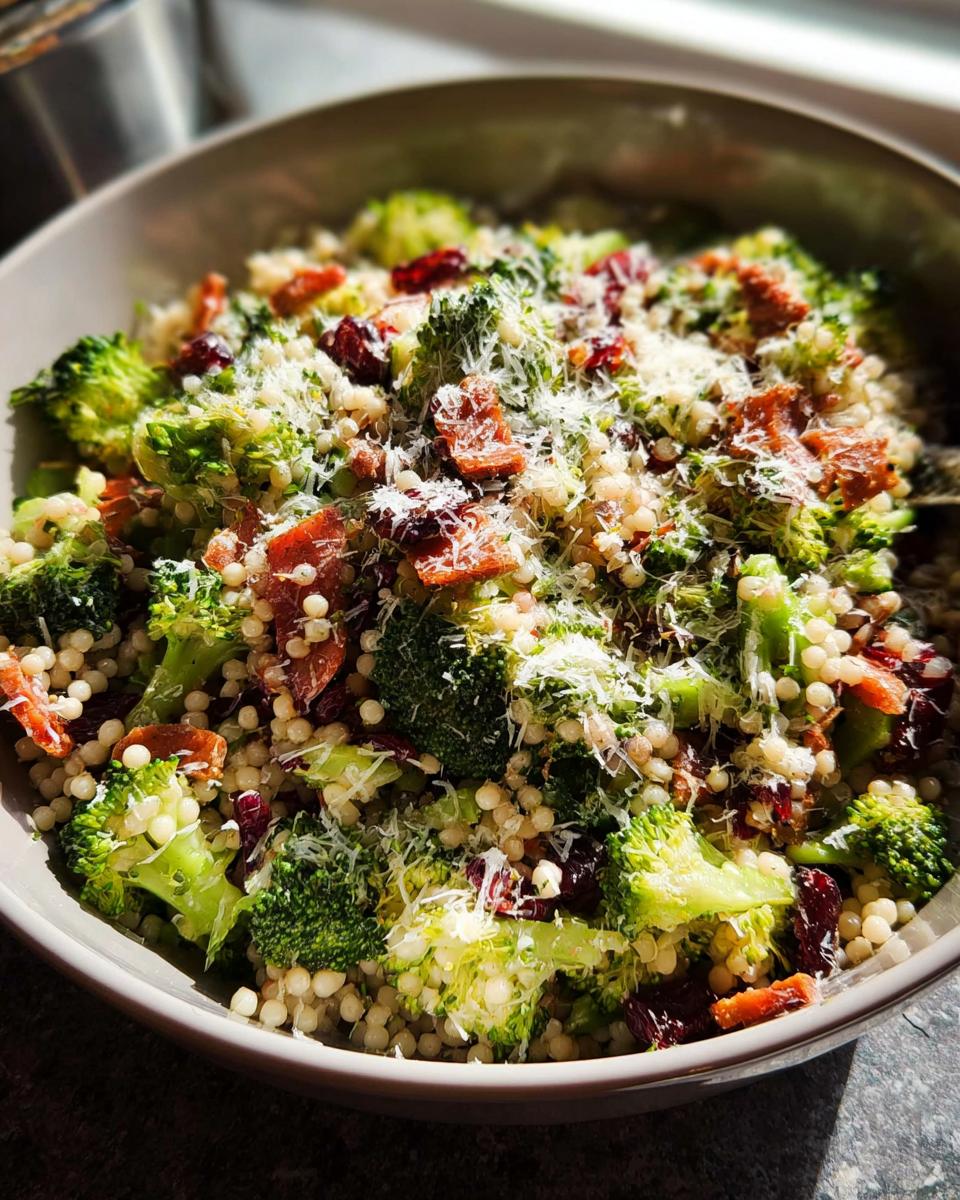 A vibrant bowl of broccoli couscous salad, featuring pearl couscous, broccoli florets, dried cranberries, and crumbled bacon, topped with grated Parmesan.