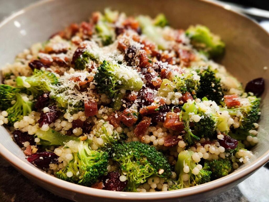 A vibrant bowl of broccoli couscous salad, featuring tender broccoli florets, pearl couscous, dried cranberries, crispy bacon bits, and grated Parmesan cheese.