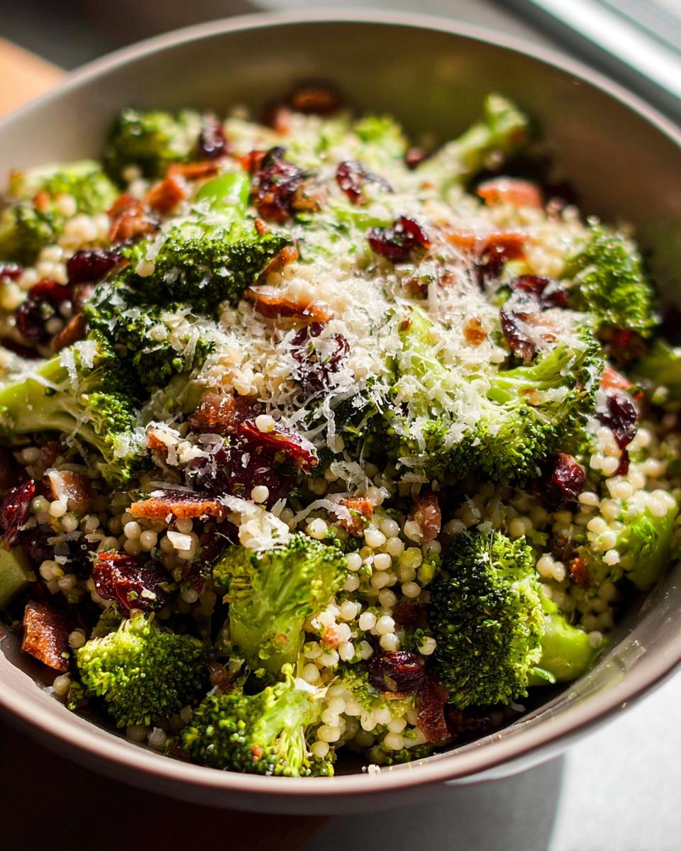 Close-up of a broccoli cranberry couscous salad topped with shredded cheese, a perfect beginner veggie side.