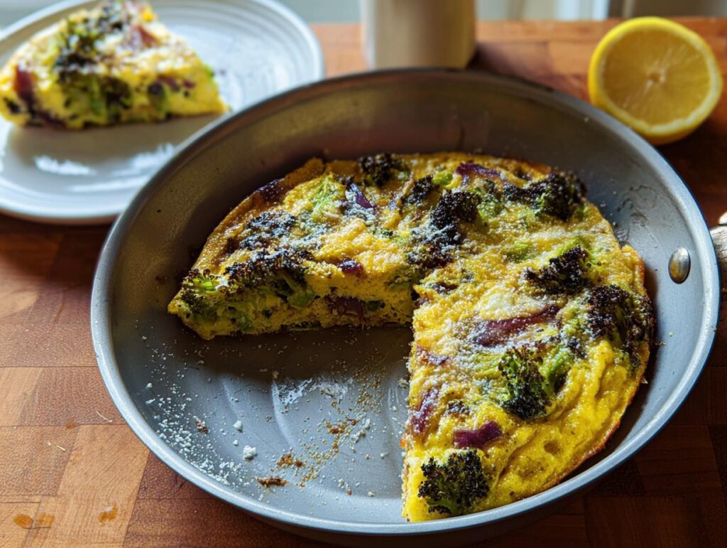 A slice of broccoli and red onion frittata in a skillet, part of 25 Genius Egg Recipes Ideas for Busy Weeknights.