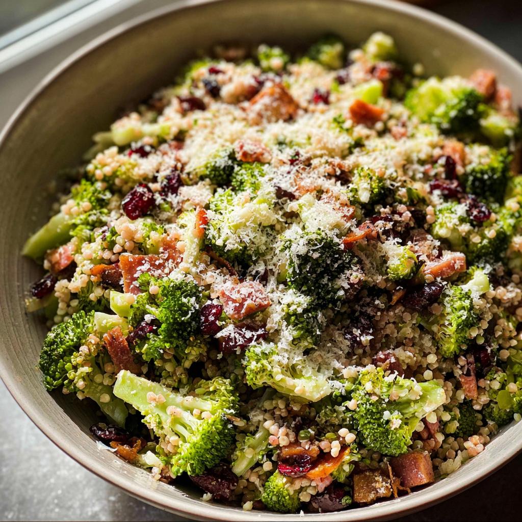 A bowl of broccoli salad with couscous, dried cranberries, bacon bits, and grated parmesan cheese.