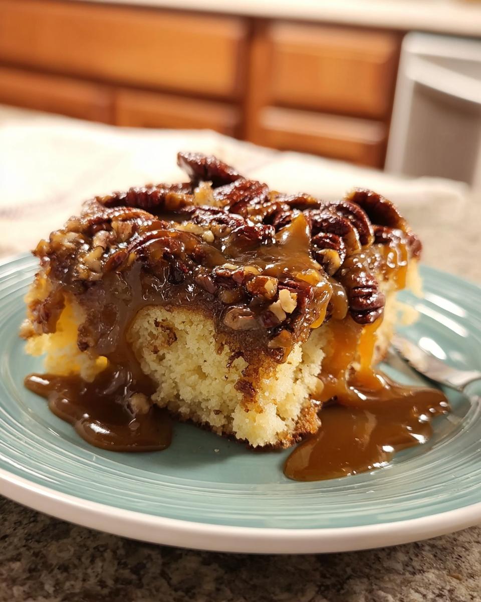 A delicious slice of caramel pecan cake, generously topped with gooey caramel sauce and crunchy pecans.