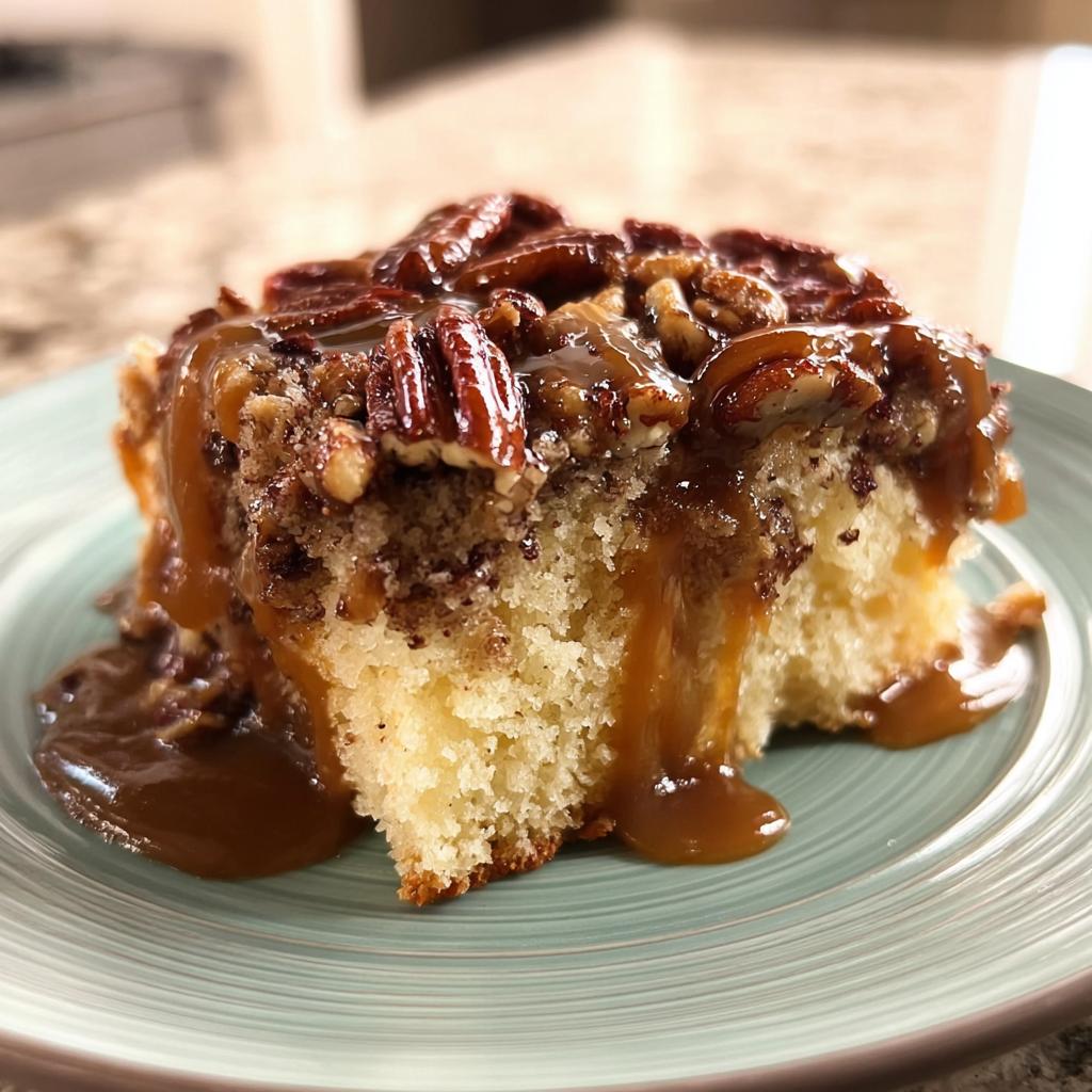 A slice of delicious caramel pecan cake, drizzled with rich caramel sauce and topped with crunchy pecans.
