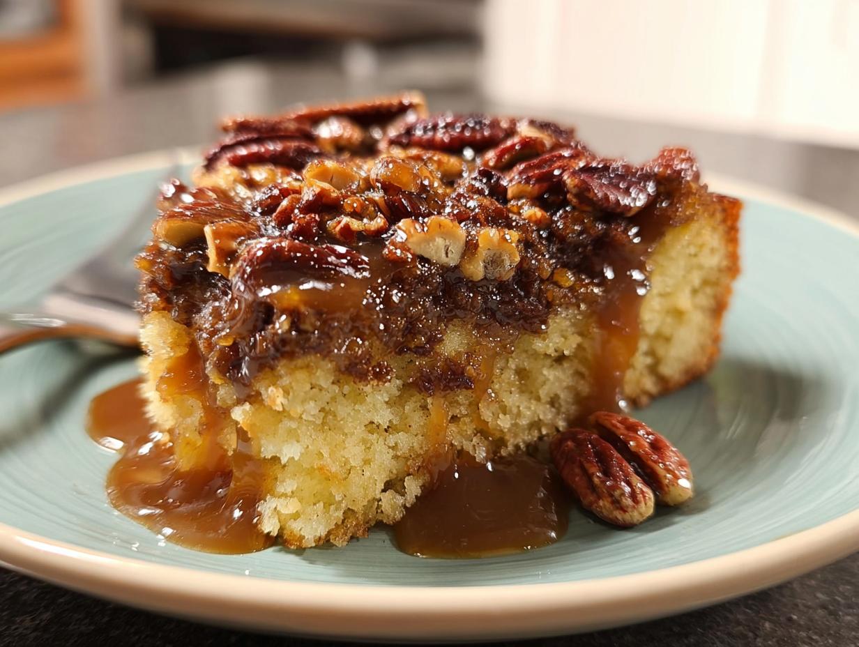 A slice of delicious caramel pecan cake, topped with nuts and drizzled with caramel sauce.