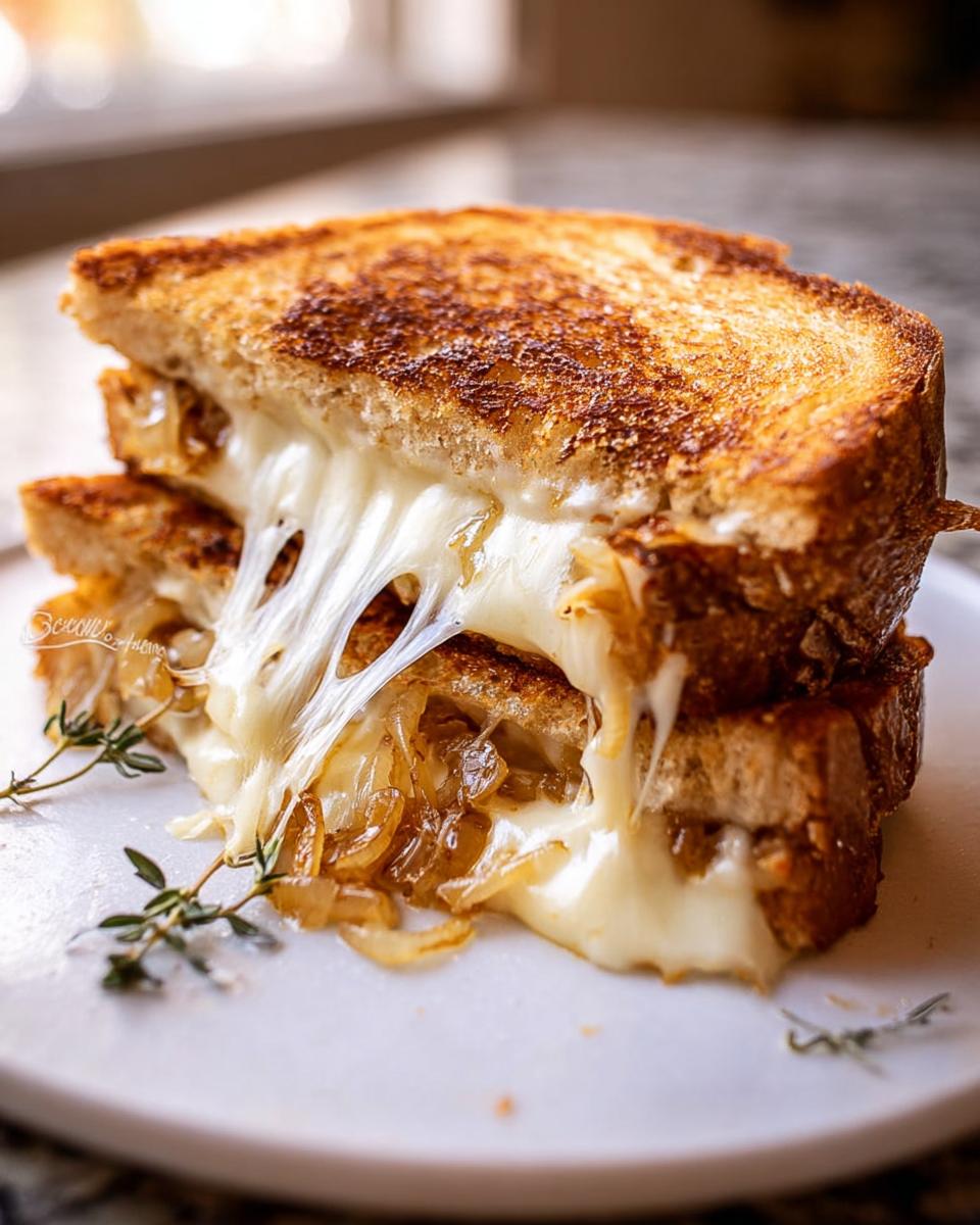 A decadent grilled cheese sandwich with caramelized onions and melted cheese, perfect for meal prep.