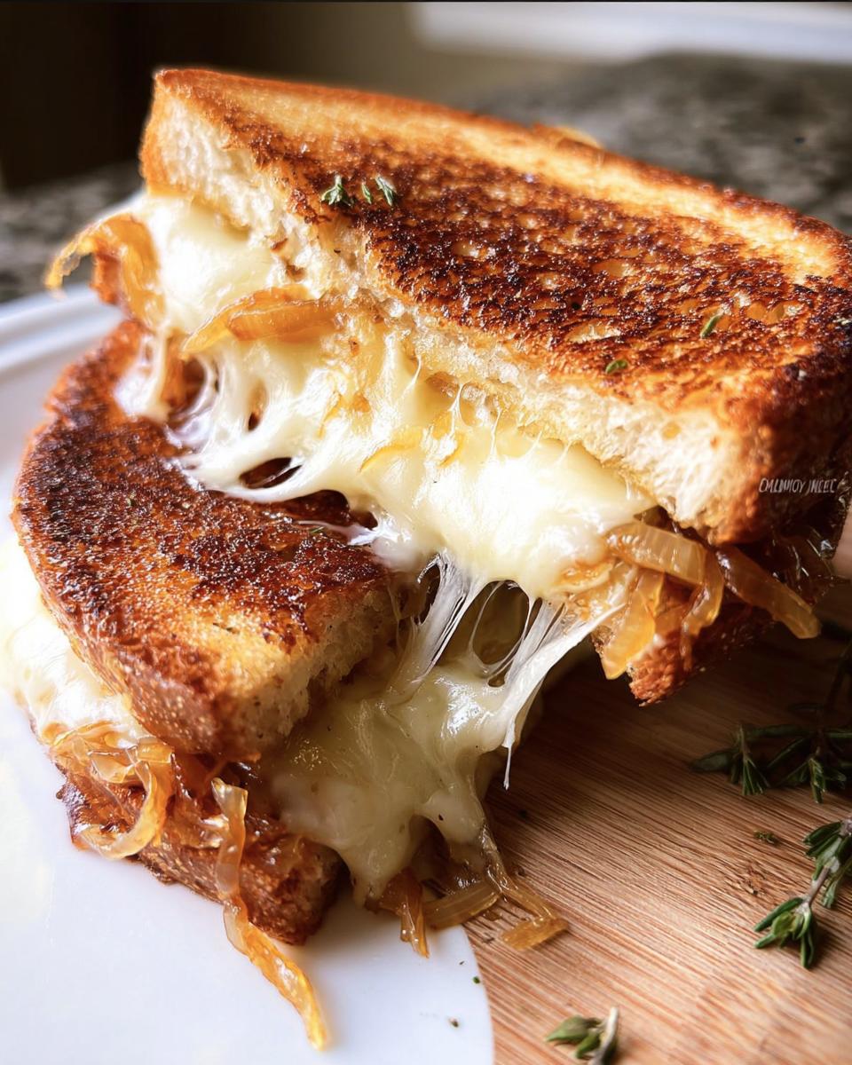 A close-up of a perfectly grilled cheese sandwich with gooey melted cheese and caramelized onions, a delicious meal prep option.