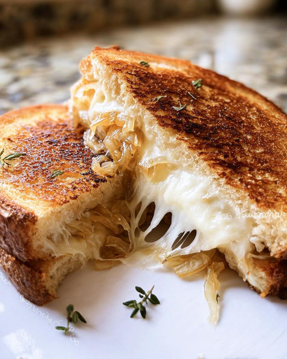 Close-up of a perfectly grilled cheese sandwich cut in half, revealing melted cheese and caramelized onions.