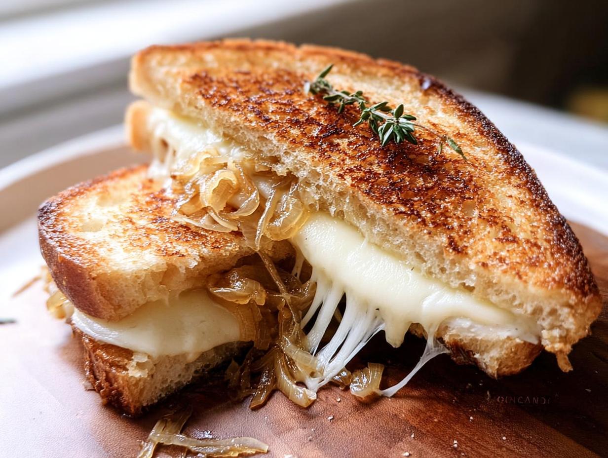 A delicious caramelized onion grilled cheese recipe with melted cheese oozing out.