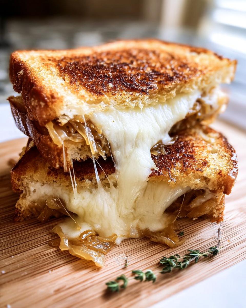 A close-up of a decadent grilled cheese sandwich with caramelized onions and melted cheese oozing out.