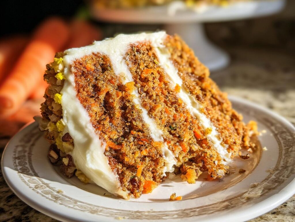 A moist slice of carrot cake with cream cheese frosting, featuring visible shredded carrots and nuts.