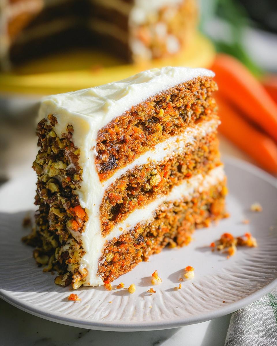A delicious slice of carrot cake with cream cheese frosting, nuts, and visible carrot shreds.
