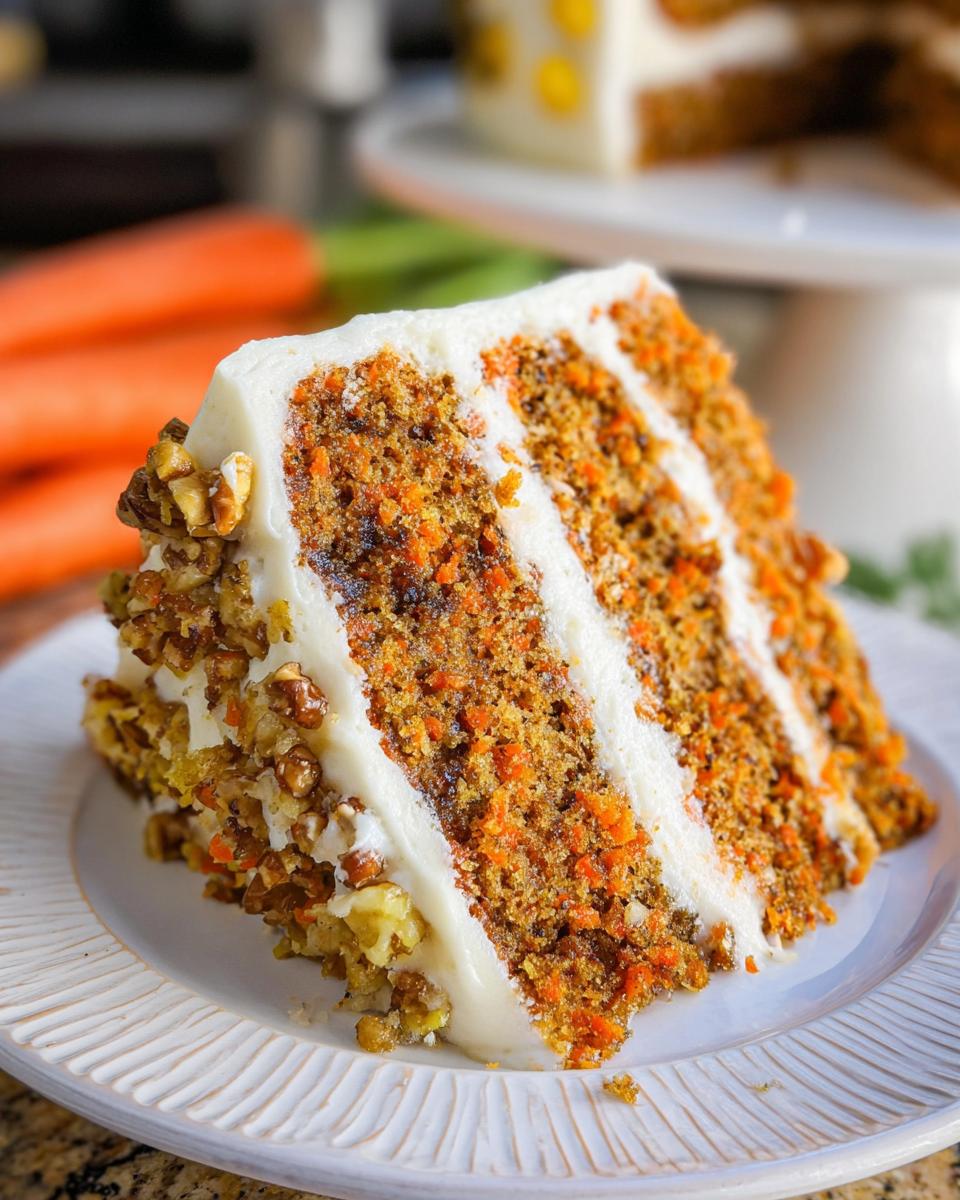 A slice of moist carrot cake with cream cheese frosting and chopped walnuts, showcasing layers of cake and frosting.