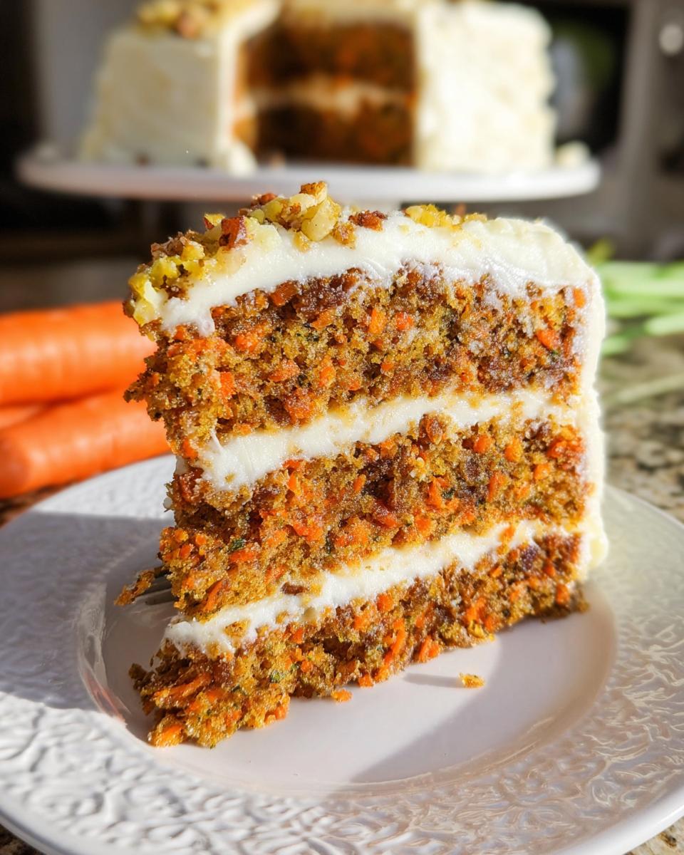 A slice of moist carrot cake with cream cheese frosting, topped with chopped walnuts. Part of The Only Cake Ideas Recipes Recipe You’ll Need (2025).