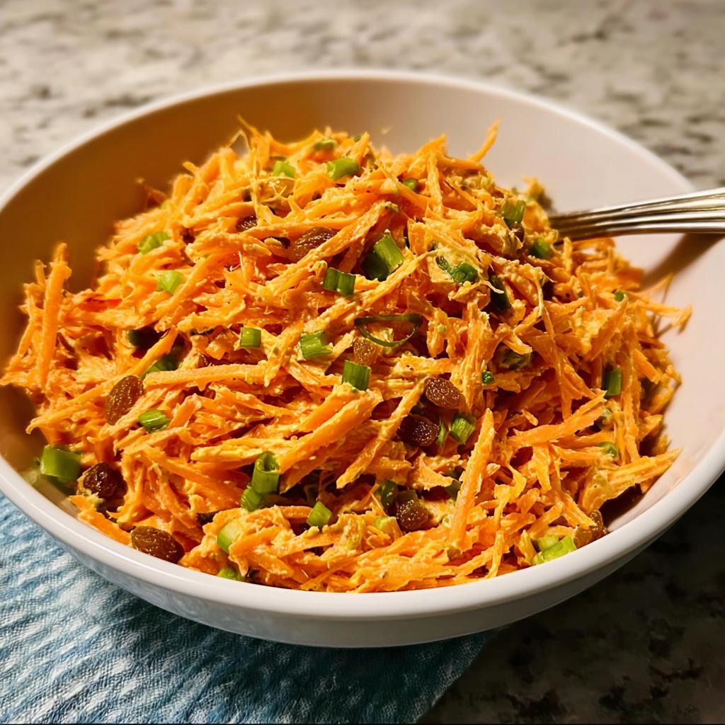A bowl of shredded carrot salad with raisins and green onions, a perfect example of veggie sides recipes in 15 minutes.
